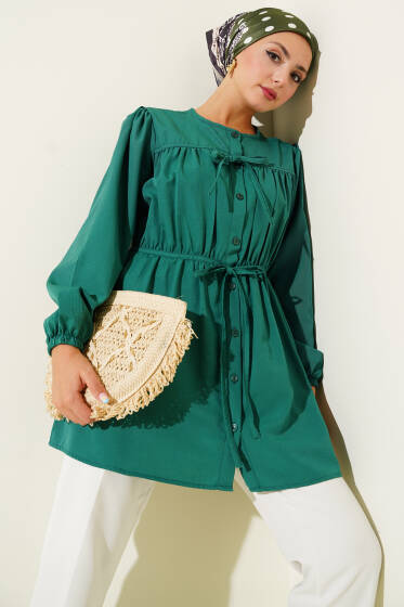 Önü Büzgülü Bağcıklı Gömlek Yeşil - Yılın Fırsatı