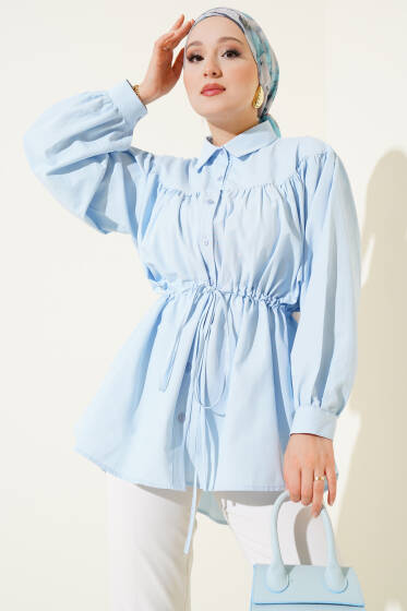 Önü Büzgülü Bel Tünelli Gömlek Bebe Mavi - Gömlek