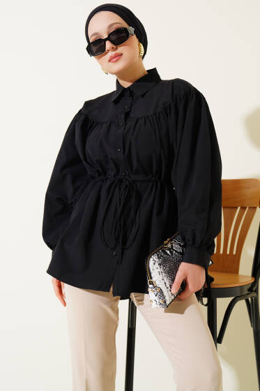 Önü Büzgülü Bel Tünelli Gömlek Siyah - Gömlek