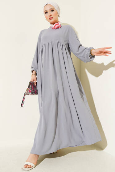 Önü Büzgülü Bilekleri Lastikli Elbise Gri - Tesettür Elbise