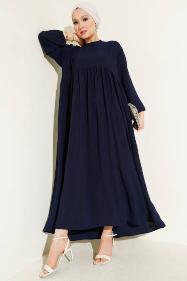 Önü Büzgülü Bilekleri Lastikli Elbise Lacivert - Elbise