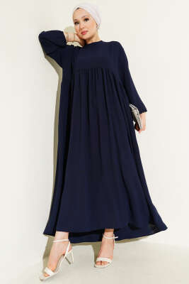 Önü Büzgülü Bilekleri Lastikli Elbise Lacivert 