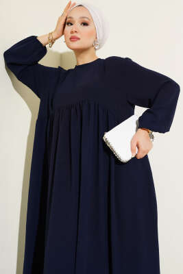 Önü Büzgülü Bilekleri Lastikli Elbise Lacivert - Tesettür Elbise