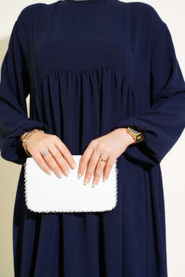 Önü Büzgülü Bilekleri Lastikli Elbise Lacivert - Tesettür Elbise