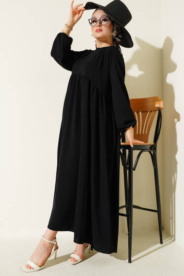 Önü Büzgülü Bilekleri Lastikli Elbise Siyah - Elbise