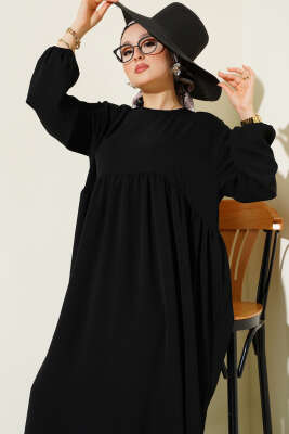 Önü Büzgülü Bilekleri Lastikli Elbise Siyah - Tesettür Elbise