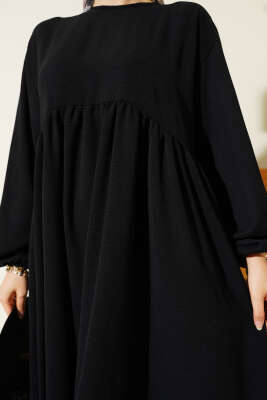 Önü Büzgülü Bilekleri Lastikli Elbise Siyah - Tesettür Elbise