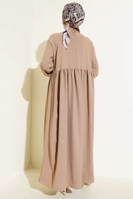 Önü Büzgülü Bilekleri Lastikli Elbise Vizon - Tesettür Elbise