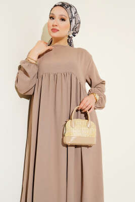 Önü Büzgülü Bilekleri Lastikli Elbise Vizon - Tesettür Elbise