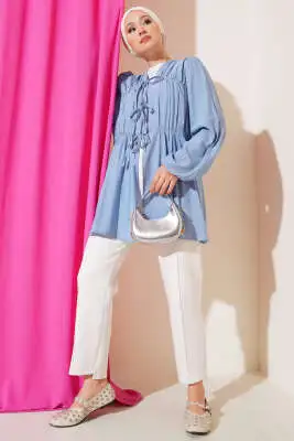 Önü Büzgülü Bilekleri Lastikli Kimono Mavi - Dış Giyim&Mont