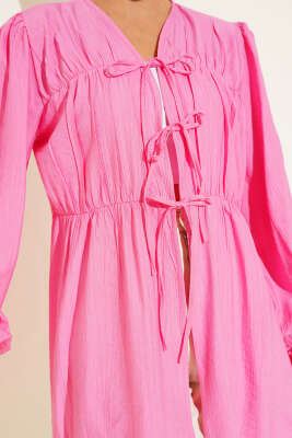 Önü Büzgülü Bilekleri Lastikli Kimono Pembe - Dış Giyim&Mont