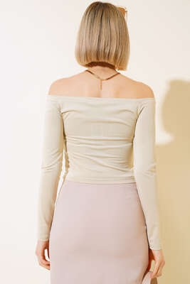 Önü Büzgülü Body Bej - Kadın Giyim Modelleri