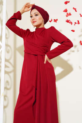 Önü Büzgülü Elbise Bordo - Tesettür Elbise