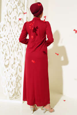 Önü Büzgülü Elbise Bordo - Tesettür Elbise