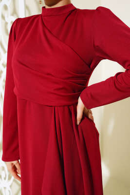 Önü Büzgülü Elbise Bordo - Tesettür Elbise