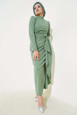 Önü Büzgülü Elbise Çağla Yeşili - Tesettür Elbise