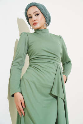 Önü Büzgülü Elbise Çağla Yeşili - Tesettür Elbise