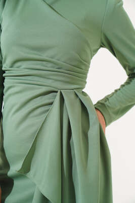 Önü Büzgülü Elbise Çağla Yeşili - Tesettür Elbise