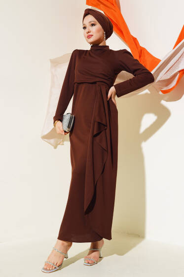 Önü Büzgülü Elbise Kahve - Elbise