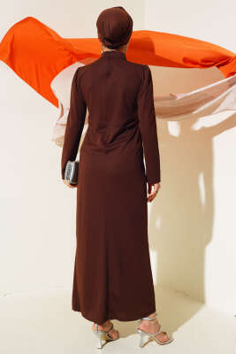 Önü Büzgülü Elbise Kahve - Tesettür Elbise