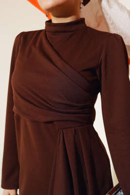 Önü Büzgülü Elbise Kahve - Tesettür Elbise