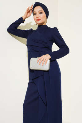 Önü Büzgülü Elbise Lacivert - Tesettür Elbise