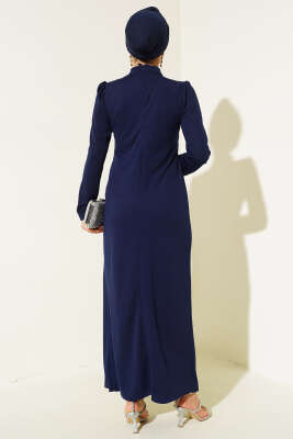 Önü Büzgülü Elbise Lacivert - Tesettür Elbise