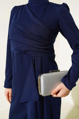 Önü Büzgülü Elbise Lacivert - Tesettür Elbise