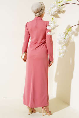 Önü Büzgülü Elbise Pembe - Tesettür Elbise