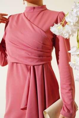 Önü Büzgülü Elbise Pembe - Tesettür Elbise