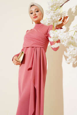 Önü Büzgülü Elbise Pembe - Tesettür Elbise