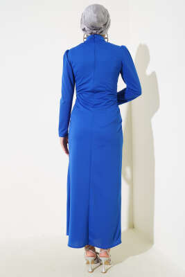 Önü Büzgülü Elbise Saks - Tesettür Elbise