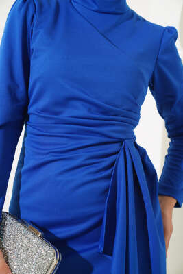 Önü Büzgülü Elbise Saks - Tesettür Elbise