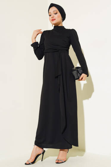 Önü Büzgülü Elbise Siyah - Elbise