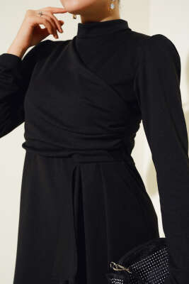 Önü Büzgülü Elbise Siyah - Tesettür Elbise