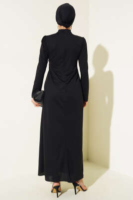 Önü Büzgülü Elbise Siyah - Tesettür Elbise