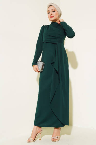 Önü Büzgülü Elbise Zümrüt - Tesettür Elbise