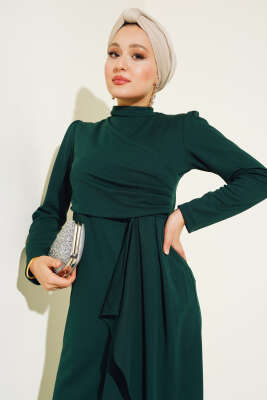 Önü Büzgülü Elbise Zümrüt - Tesettür Elbise