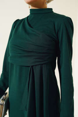 Önü Büzgülü Elbise Zümrüt - Tesettür Elbise