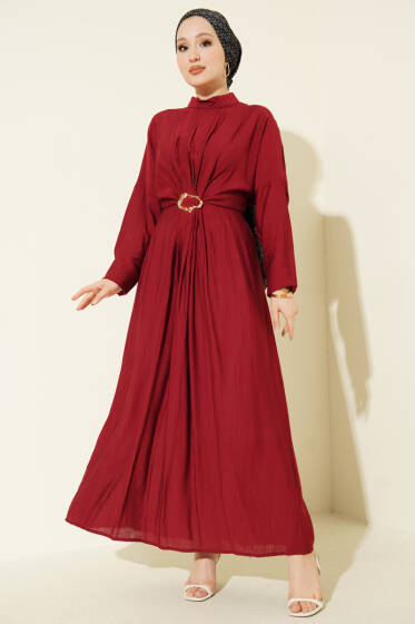Önü Büzgülü Gold Tokalı Elbise Bordo - Elbise