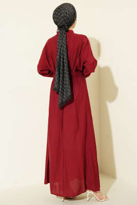 Önü Büzgülü Gold Tokalı Elbise Bordo - Elbise