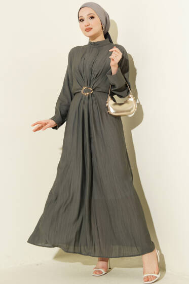 Önü Büzgülü Gold Tokalı Elbise Füme - Elbise