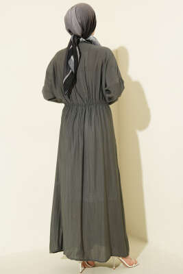 Önü Büzgülü Gold Tokalı Elbise Füme - Elbise