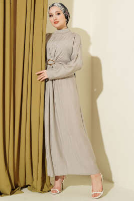 Önü Büzgülü Gold Tokalı Elbise Gri - BERAT TEKSTİL