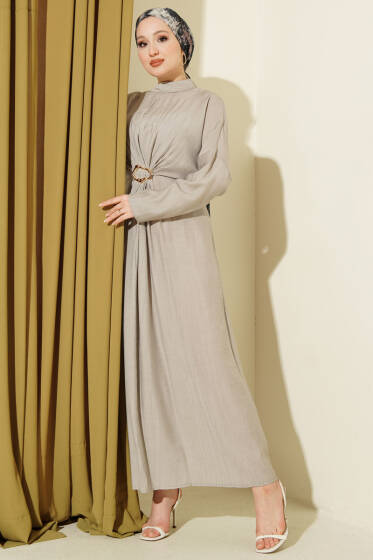 Önü Büzgülü Gold Tokalı Elbise Gri - Elbise