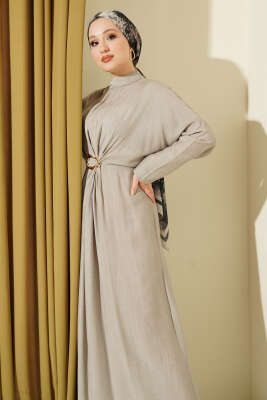 Önü Büzgülü Gold Tokalı Elbise Gri - Elbise