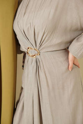 Önü Büzgülü Gold Tokalı Elbise Gri - Elbise