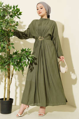Önü Büzgülü Gold Tokalı Elbise Haki - BERAT TEKSTİL