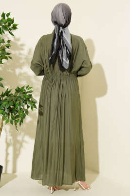 Önü Büzgülü Gold Tokalı Elbise Haki - Elbise