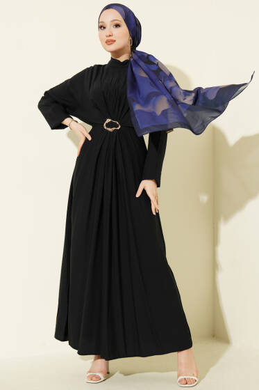 Önü Büzgülü Gold Tokalı Elbise Lacivert - Elbise